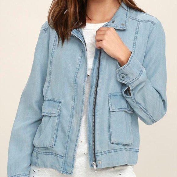 BB Dakota Jackets & Blazers - BB Dakota Light Blue Full Zip Chambray Jacket